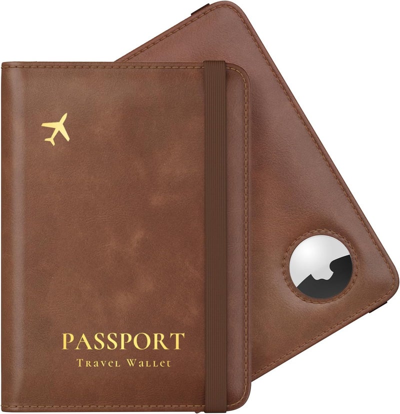 Stouchi AirTag Passport Holder, RFID Passport Holder with Airtag Slot, Multiple Passport Wallet Cover for Men, Leather Passport Case, Anti-Lost Waterproof Travel Accessories, Brown - Image 1